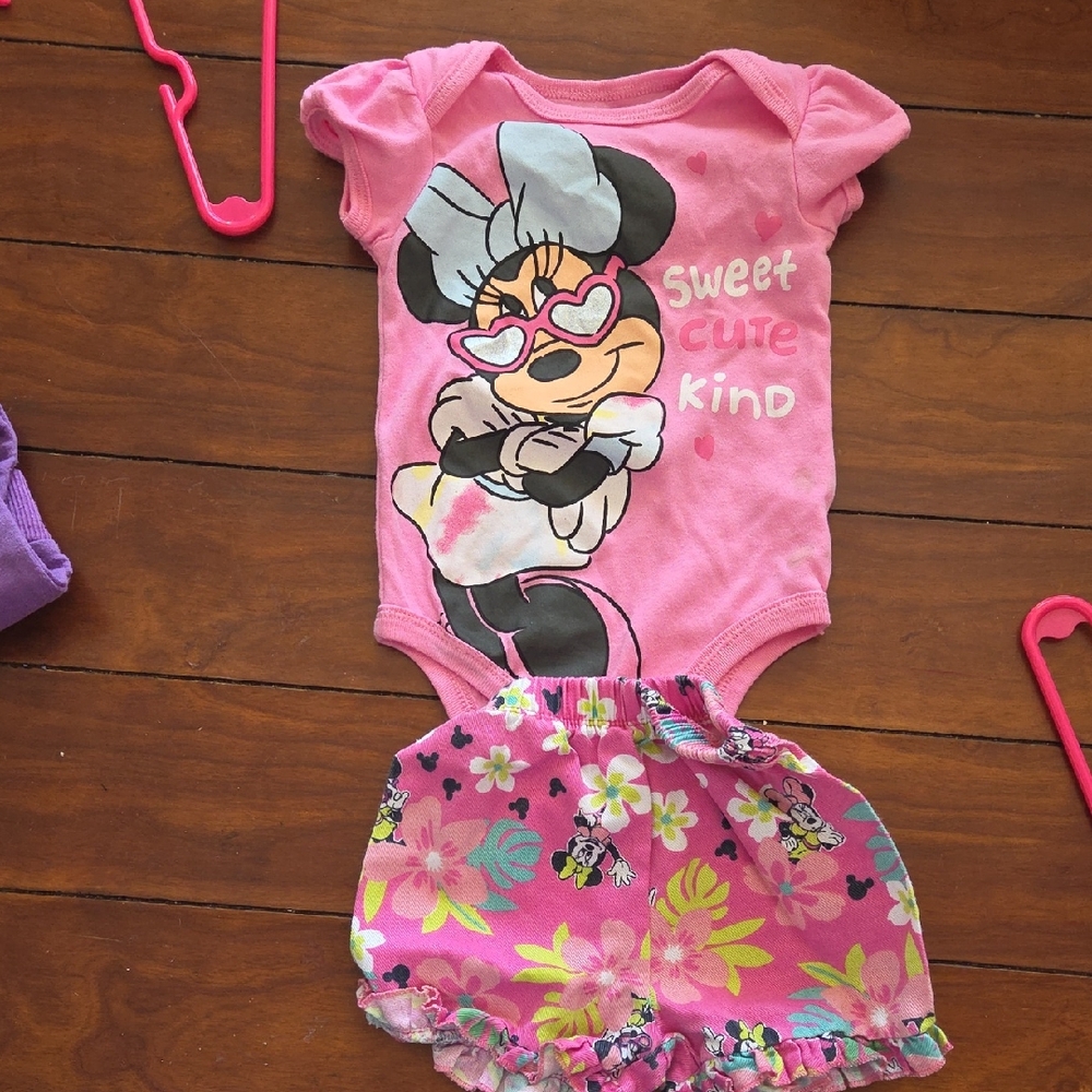 Pink Minnie Mouse Baby Onesie and Floral Shorts Set